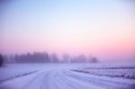 Snowy Winter Road. Winter Foggy Morning Stock Photo