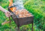 Shish Kebab Is Fried On Coals Stock Photo