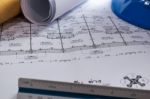 Engineering Diagram Blueprint Paper Drafting Project Sketch Arch Stock Photo