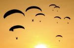 Group Of Paragliding On The Sunset Background Stock Photo