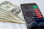 Business Concept. Financial Analysis, Smaetphone And Us Dollars Money Stock Photo