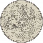 Ancient Sea Monster Attacking Sailing Ship Circle Drawing Stock Photo