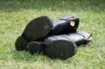 Old Ww2 Boots On Display At Shoreham Airfield Stock Photo