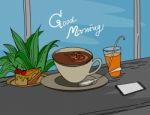 Good Morning Hot Coffee Scene Stock Photo