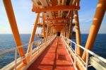Gangway Or Walk Way In Oil And Gas Construction Platform, Oil And Gas Process Platform, Remote Platform For Production Oil And Gas, Construction In Offshore Stock Photo