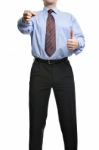 Businessman Showing  Thumb Up And Holding Or Presenting Somethin Stock Photo