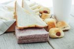 Many Breads On Wooden Stock Photo