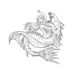 Mermaid Fighting A Sea Serpent Drawing Black And White Stock Photo