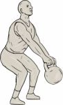 Athlete Fitness Squatting Kettlebell Drawing Stock Photo