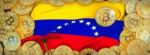 Bitcoins Gold Around Venezuela  Flag And Pickaxe On The Left.3d Stock Photo
