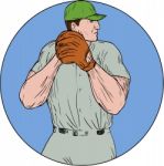 Baseball Pitcher Starting To Throw Ball Circle Drawing Stock Photo