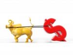 Bull Pulling Us Dollar Stock Photo