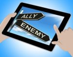 Ally Enemy Tablet Shows Friend Or Adversary Stock Photo