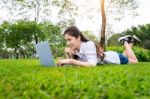 Young Woman Using Laptop In Park Stock Photo