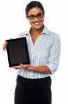 Sales Representative Displaying Tablet Pc For Sale Stock Photo