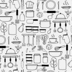 Pattern With Line Hand Drawn Doodle Cooking Set Include Cooking Equipment & Raw Materials Background Stock Photo