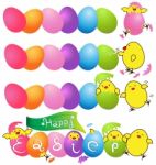 Colorful Eggs With  Funny Baby Chicken For Easter Day Card Stock Photo