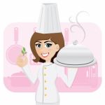 Cartoon Girl Chef Serving Food With Herb Stock Photo