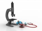 3d Rendering Microscope With Stethoscope Stock Photo