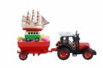 Red Tractor Toy Carry Small Car And Boat Isolated On White Backg Stock Photo