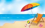 Beach And Umbrella And Chair. Summer Beach Background Stock Photo