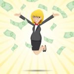 Cartoon Happy Businesswoman Jumping With Money Cash Stock Photo
