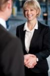 Two Corporate Identities Shaking Hands Stock Photo