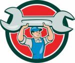 Mechanic Lifting Spanner Wrench Circle Cartoon Stock Photo