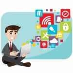 Cartoon Businessman With Laptop And Icon Stock Photo
