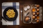 Eating Scrambled Eggs Flat Lay Still Life Rustic With Food Stylish Stock Photo