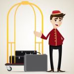 Cartoon Bell Boy With Trolley And Bag Stock Photo