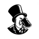 Platypus Wearing Tophat Woodcut Black And White Stock Photo