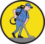 Commercial Cleaner Janitor Vacuum Circle Cartoon Stock Photo