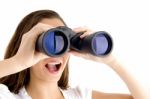 Close Up Of Female Watching Through Binocular Stock Photo