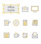 Thin Line Icons Yellow Set, Office Stock Photo