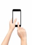 Touch Screen Mobile Phone In Hand Isolated On White Background Stock Photo