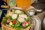 Decoration Artificial Flower In Basket On Moterbike Stock Photo