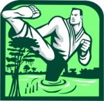 Martial Arts Fighter Kicking Cypress Tree Retro Stock Photo