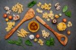 Italian Foods Concept And Menu Design. Fettuccine With Wooden Sp Stock Photo