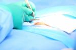 Doctor Suturing An Hernia.  Focus In The Tools Stock Photo