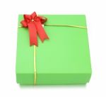 Green Gift Box With Red Ribbon Bow Isolated On White Background Stock Photo