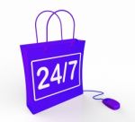 Twenty-four Seven Bag Represents Online Shopping Availability Stock Photo