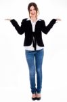 Full Length Of Woman Posing With Her Hands Open Up Stock Photo