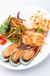 Seafood With Spicy Salad Stock Photo