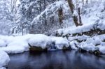 Winter Landscape, Waterfall And River On The Forest In Winter Stock Photo