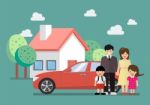 Happy Family Standing Against Car And House Stock Photo