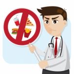 Cartoon Doctor With Junk Food Prohibit Signage Stock Photo