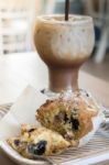 Blueberry Muffin And Iced Coffee Mocha Stock Photo