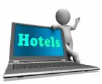 Hotel Laptop Shows Motel Hotel And Rooms Stock Photo