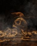 Rat On Human Skull In The Dark,3d Illustration Stock Photo